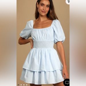Tiers To Me Light Blue Puff Sleeve Tiered Skater Mini Dress